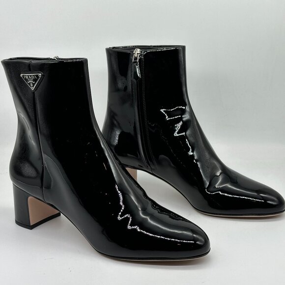 PRADA Triangle Logo Patent Leather Block Heel Ankle Booties Boots Shoes - Picture 11 of 16